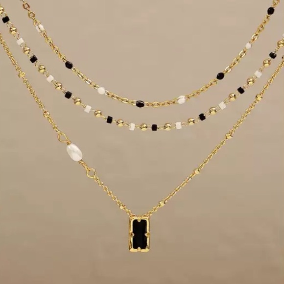 Jewelry - Gold Dainty Necklace with Black‎ Pendant and Pearl Accent Minimalist